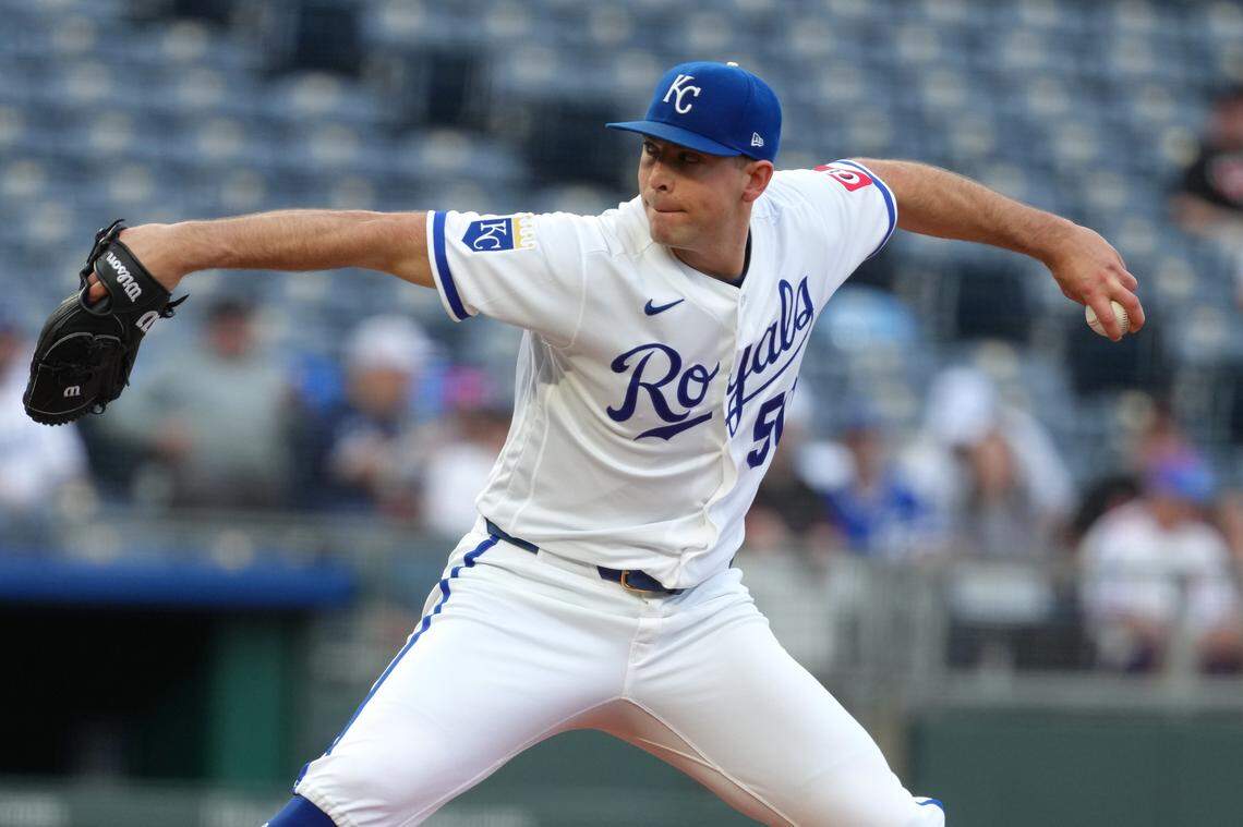Royals starting pitcher Kris Bubic delivers one to the plate against the Baltimore Orioles in the first inning at Kauffman Stadium on April 21, 2026 in Kansas City.