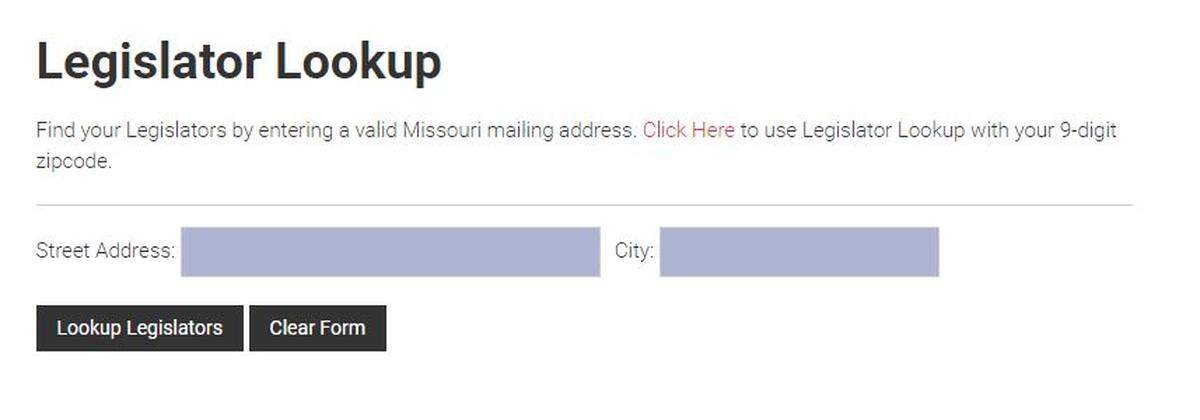 A screenshot of the Missouri Senate page for looking up representatives by a resident’s home address.