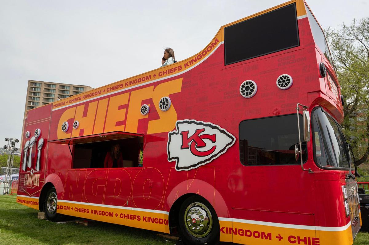 A double-decker bus called, “The Kingdom Cruiser,” is displayed at the Chiefs Kingdom Experience Wednesday at the NFL Draft preview.