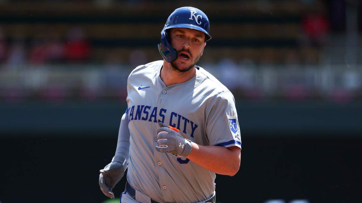 Kansas City Royals designated hitter Vinnie Pasquantino (9) runs the bases after hitting a two-run home run against the Minnesota Twins during the first inning at Target Field on May 30, 2024.