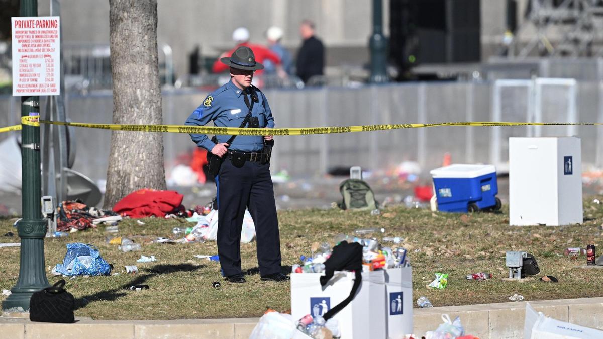 A Missouri state trooper stands guard after a shooting at Union Station after the Kansas City Chiefs Super Bowl LVIII victory parade on Wednesday, Feb. 14, 2024, in Kansas City.