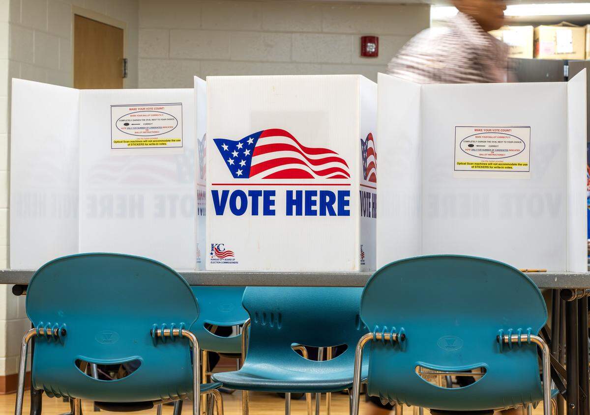 Voting booths are seen at the Tony Aguirre Community Center during Election Day on Tuesday, April 7, 2026, in Kansas City.