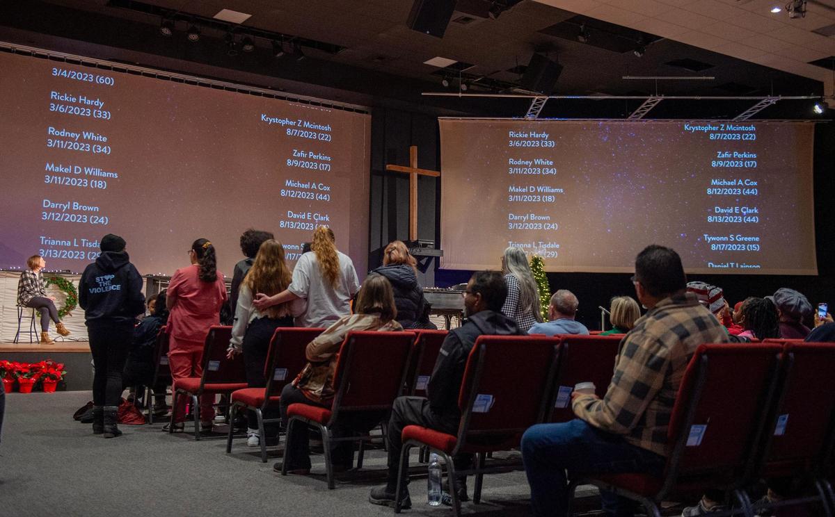 Names of homicide victims scroll through the screens during the Longest Night service at The Gathering Church on Thursday, Dec. 21, 2023, in Independence, Missouri. Community members gathered to honor the lives of homicide victims in Kansas City for 2023, as attendees united to read the names of these individuals, reflect on their legacies and offer support to those grieving the loss of their loved ones.