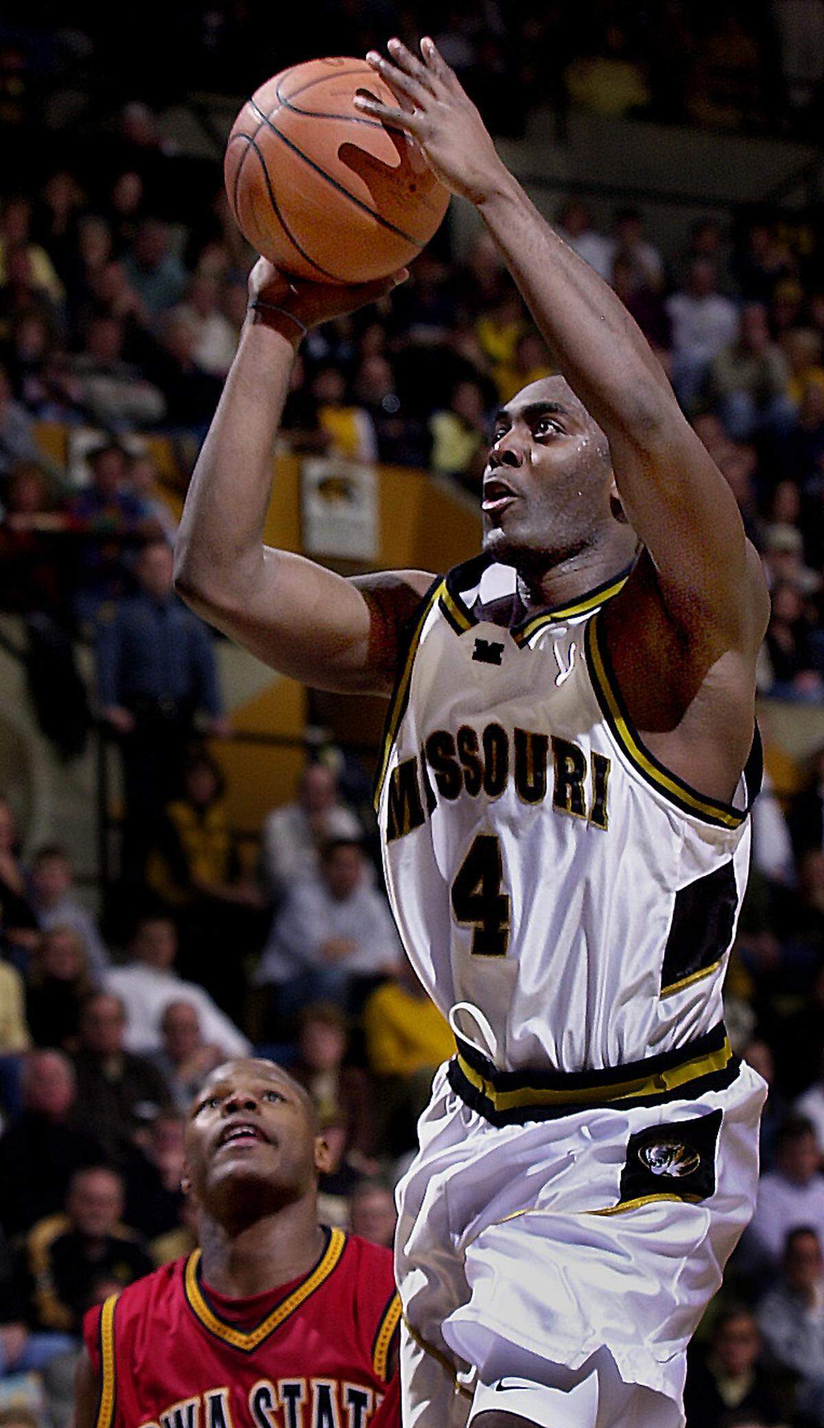 Iowa State’s Kantrail Horton could only watch as Missouri’s Clarence Gilbert put up one of his school-record 36 shots during a 2001 home game. Gilbert finished with 43 points as the Tigers won 112-109 in four overtimes.
