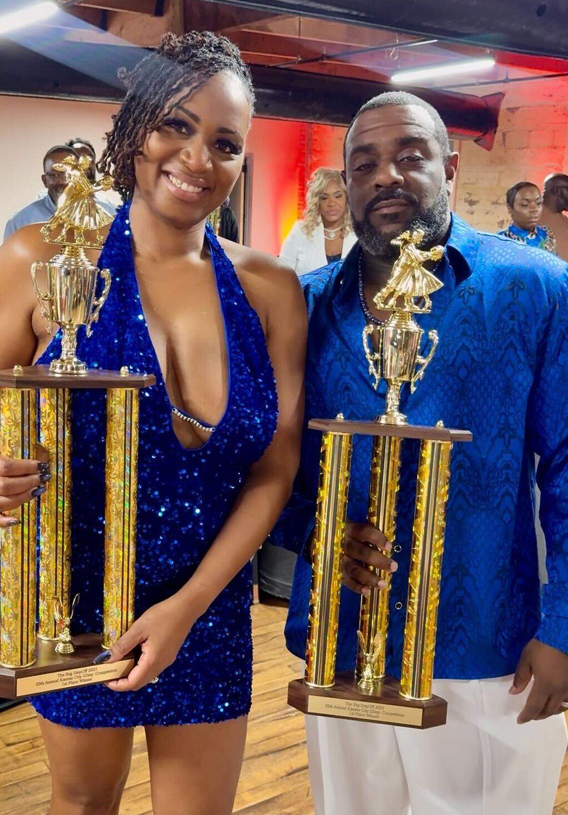 Deneane and Rafael Hancock display their first-place trophies following the Big StepOff 2025 in Kansas City after the dance competition’s 20th-anniversary event. “This was not an easy competition,” Deneane Hancock said.