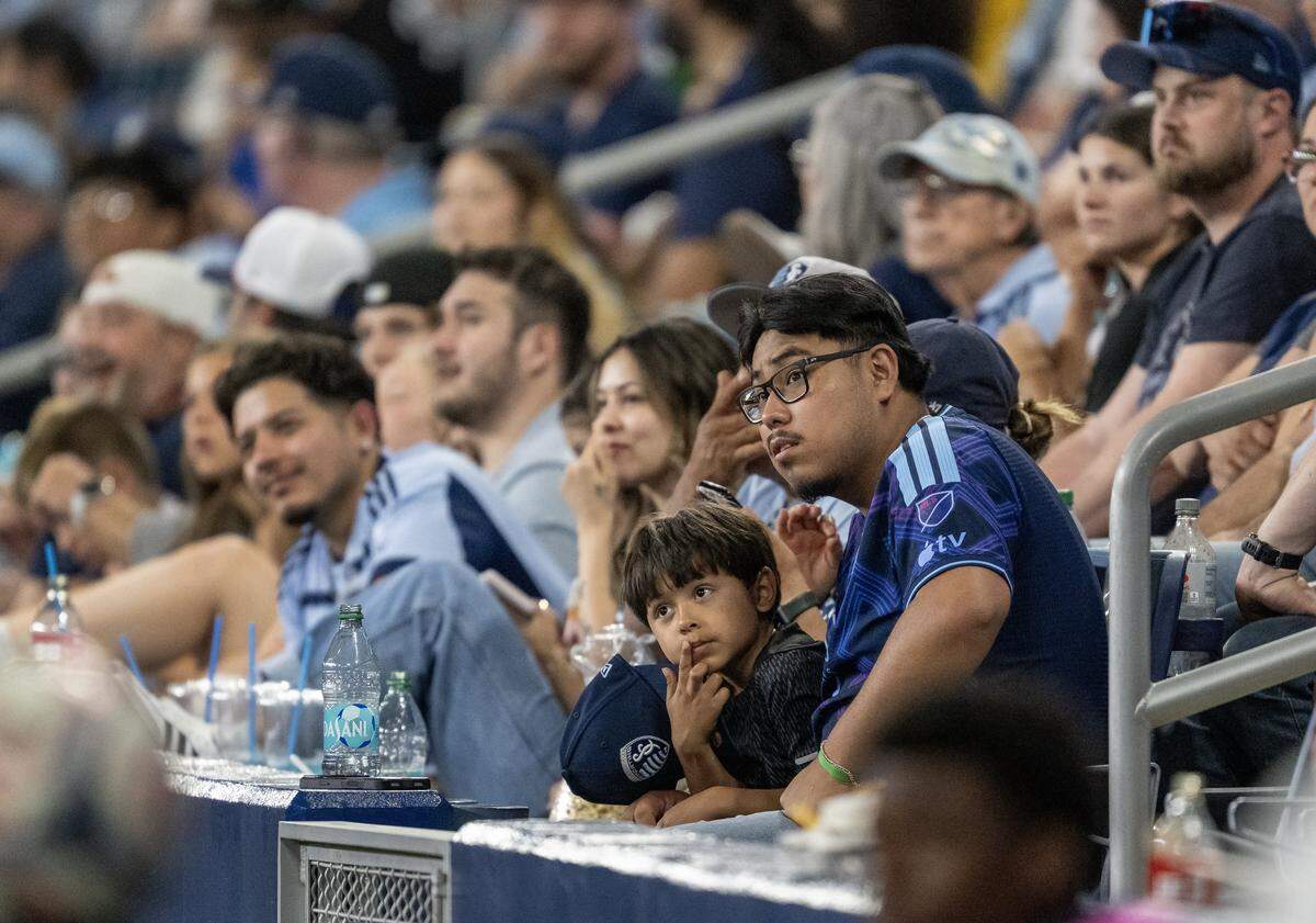 Sporting Kansas City fans watch the game against the LA Galaxy in the second half at Sporting Park on Wednesday, May 13, 2026, 2026, in Kansas City, Kansas. Sporting KC defeated the LA Galaxy, 3-1.