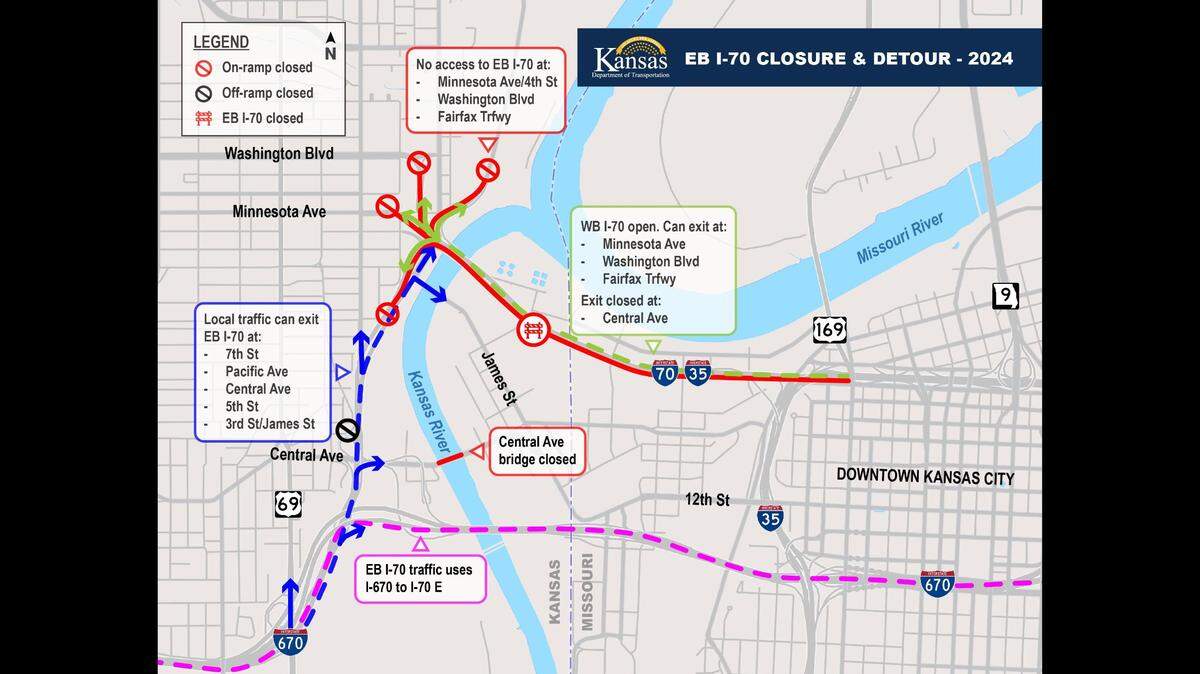 Eastbound Interstate 70 on the Lewis and Clark Viaduct was shut down over the Kansas River after a bridge inspection raised concerns. Here are the detours that the Kansas Department of Transportation has defined.