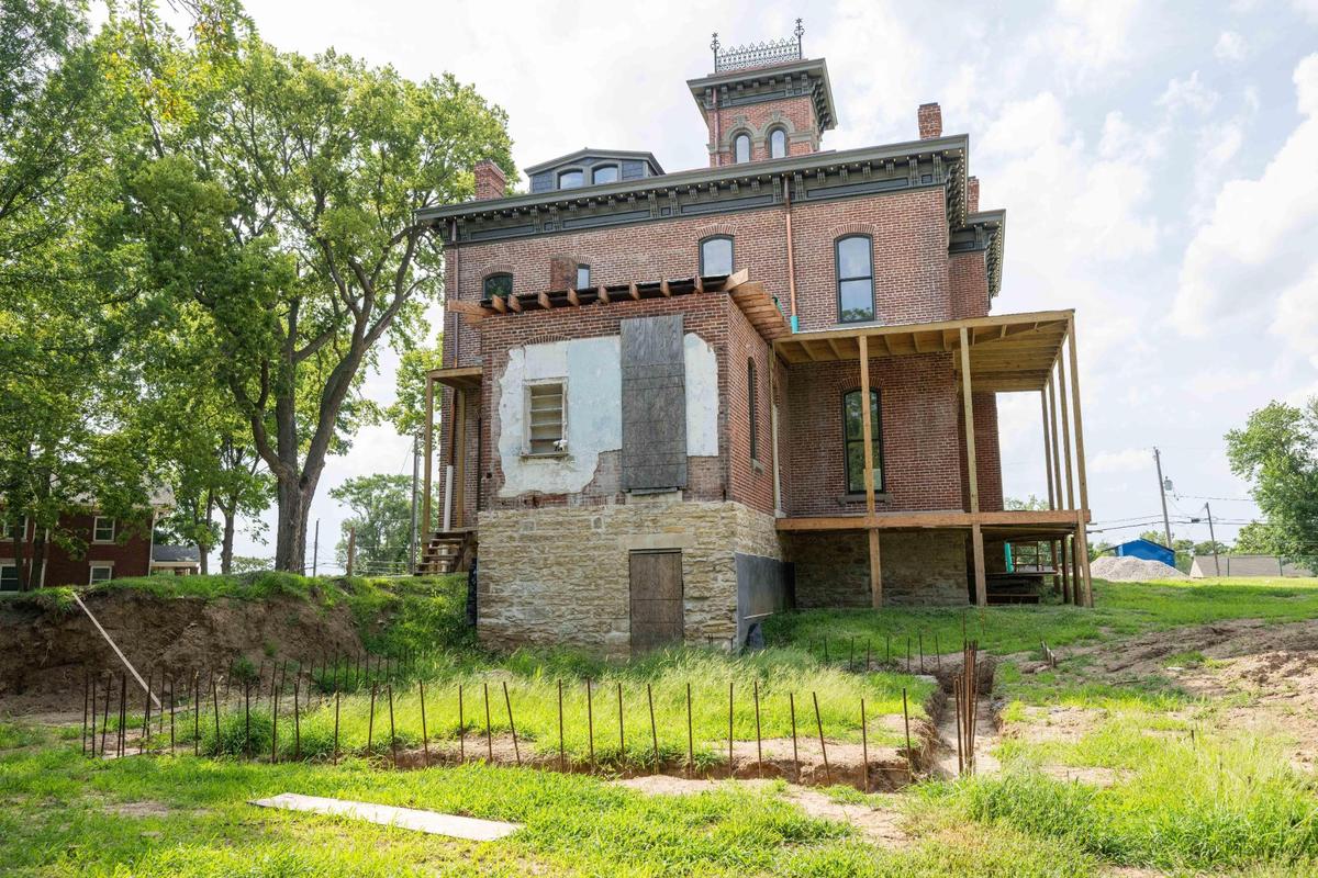 The rear exterior of Sauer Castle, a mansion built in the 1800s, on Friday, July 11, 2025 in Kansas City, Kansas. The house is being remodeled by Mike Heitmann, a local engineer and home enthusiast. Heitmann’s plans include building an addition to the house in the back.