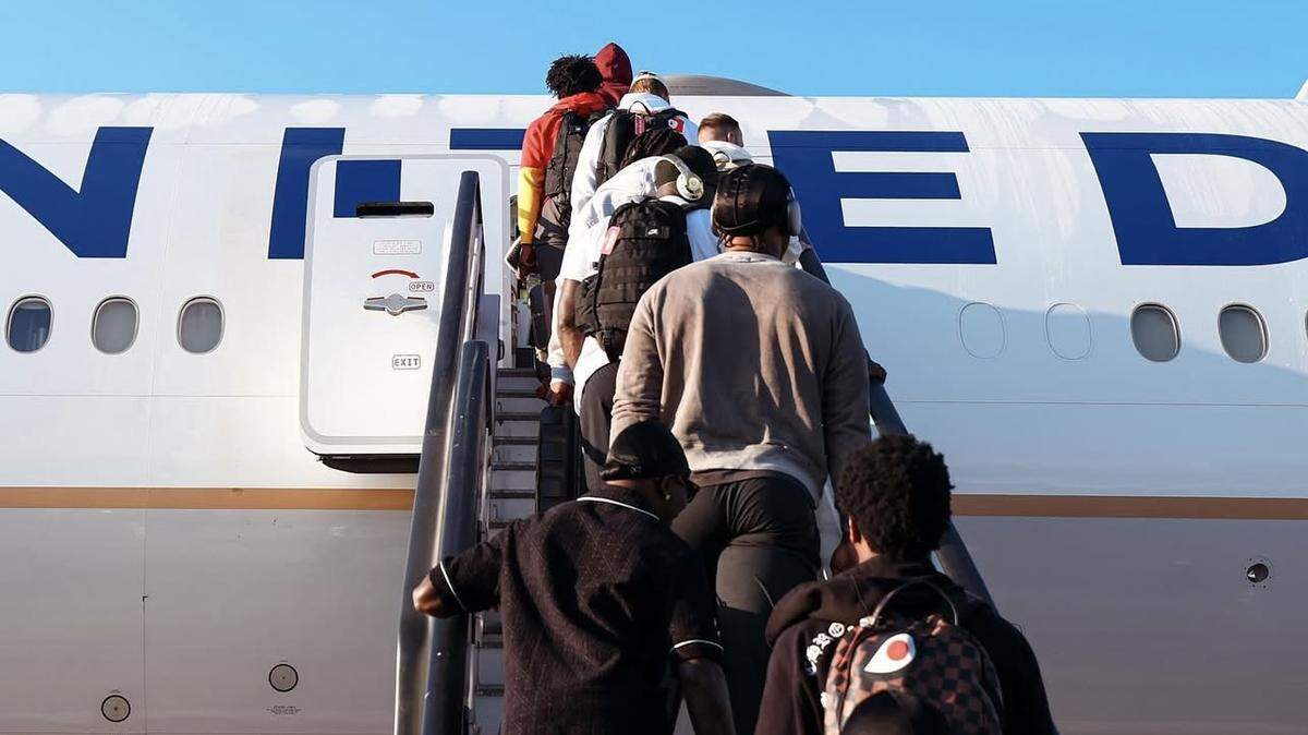 The Kansas City Chiefs boarding their United flight Wednesday to Brazil for their first game of the new NFL season.