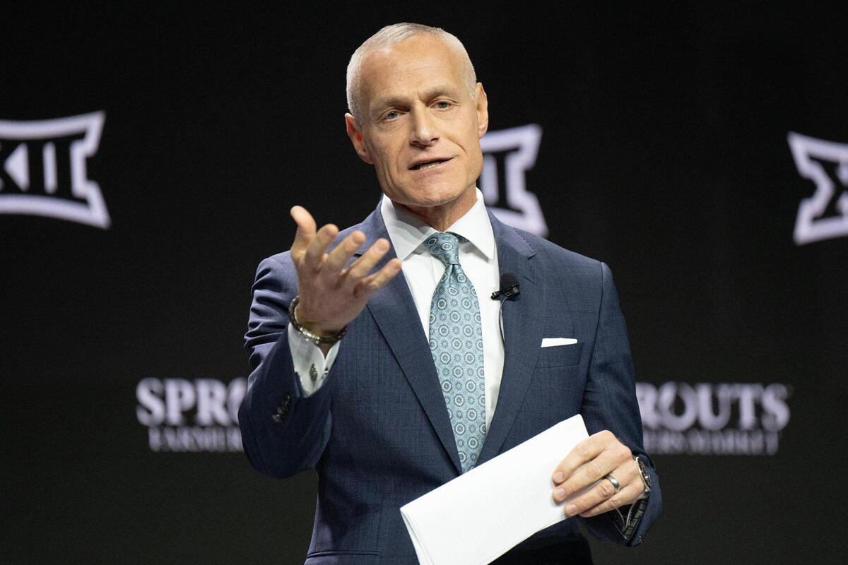 Brett Yormark, commissioner of Big 12, answers questions from the media during Big 12 Media Day at T-Mobile Center on Tuesday, Oct. 22, 2024, in Kansas City.