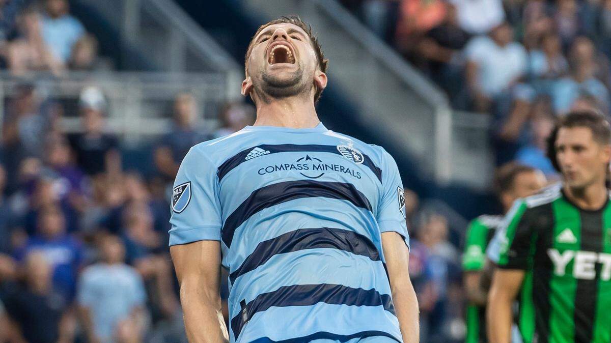 Sporting Kansas City defender Andreu Fontàs (3) shouts in frustration after missing a scoring opportunity against Austin FC on Saturday July 30, 2022, at Children’s Mercy Park.