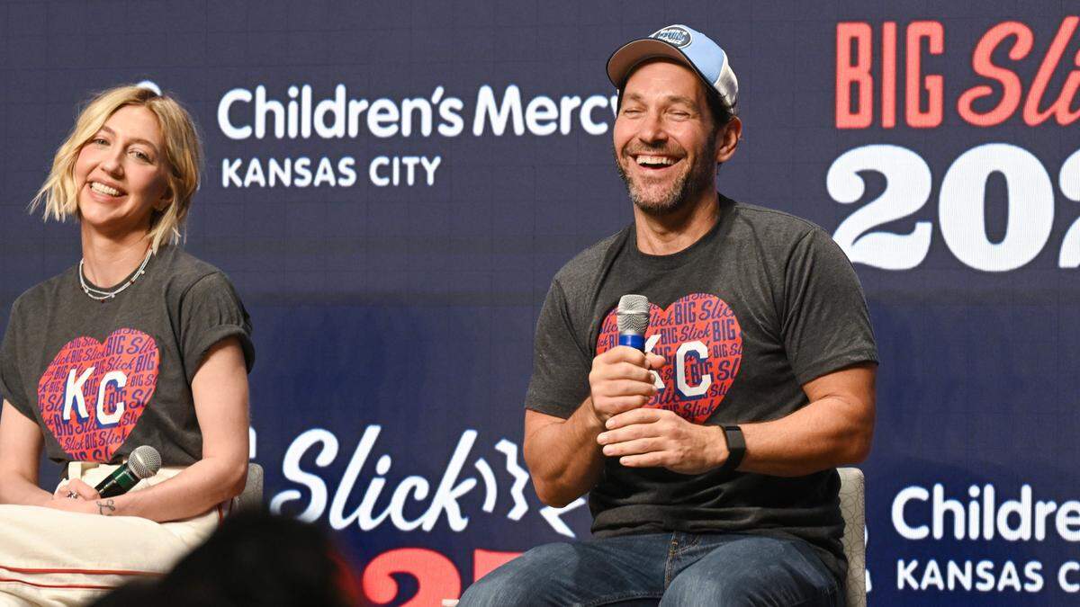 Celebrity hosts of the Big Slick weekend events, from left; Heidi Gardner and Paul Rudd fielded questions from members of the media during a news conference where they talked about the Big Slick program Friday, May 30, 2025, at Children’s Mercy Hospital.