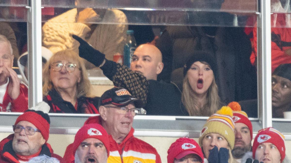Taylor Swift reacts to a call going against the Chiefs in the second half of the AFC Championship Game on Sunday, Jan. 26, at GEHA Field at Arrowhead Stadium.