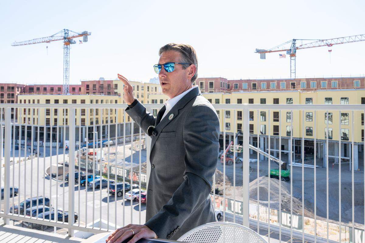 Chris Long, co-owner of the Kansas City Current, showing off recent developments around CPKC Stadium on Thursday, October 16, 2025, in Kansas City.