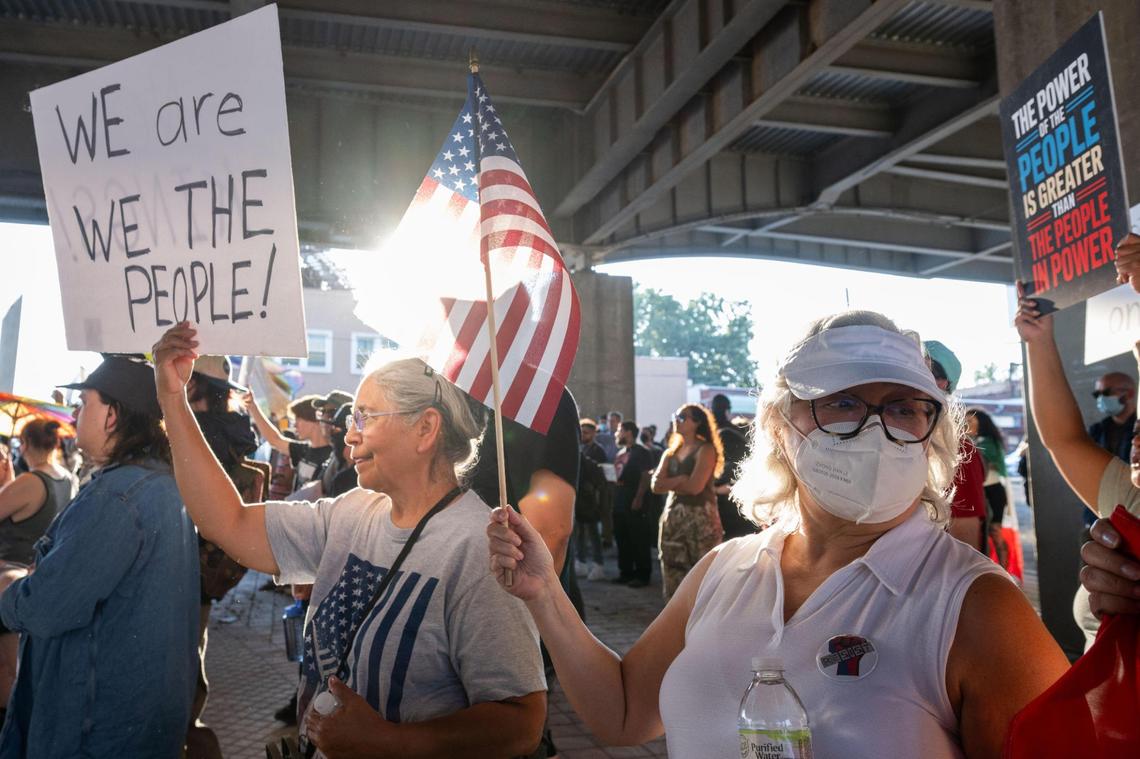 Several hundred people attended a Shut Down ICE protest on Kansas City’s Westside and downtown areas on Tuesday, June 10, 2025. People held signs and flags and chanted in support of immigrants and against the Trump administration’s immigration policies.