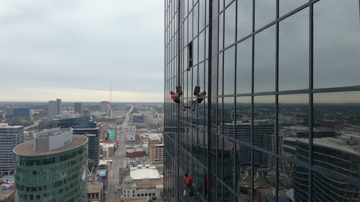 Kansas City firefighters responded shortly before 10:15 a.m. Tuesday, Sept. 24, to the 1200 block of Baltimore Avenue on a report of a window washer stuck on the side of One Kansas City Place, the city’s tallest building, after his main harness broke. A glass worker who happened to be on site helped firefighters rescue the window washer.