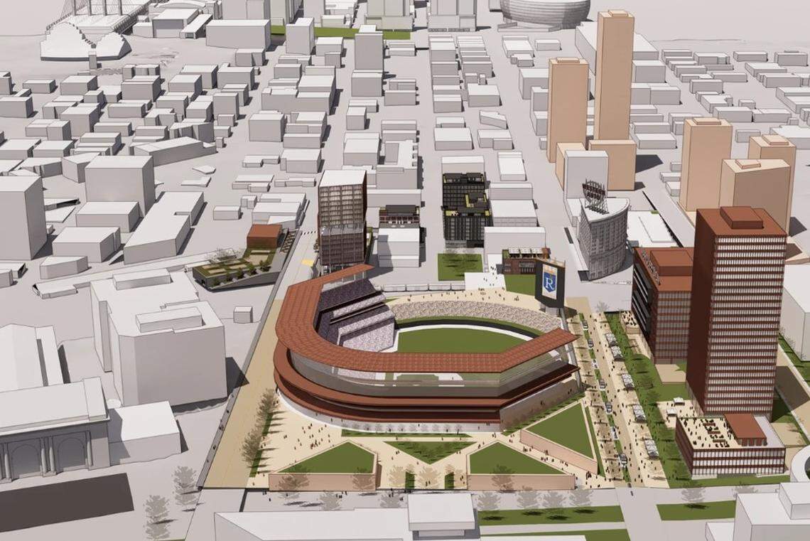 Rendering of proposed Royals ballpark at Washington Square Park.