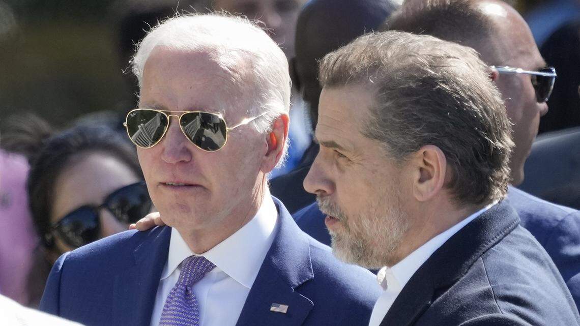 Hunter Biden, right, meets and speaks with his father, President Joe Biden, at the 2023 Easter Egg Roll on the South Lawn of the White House.