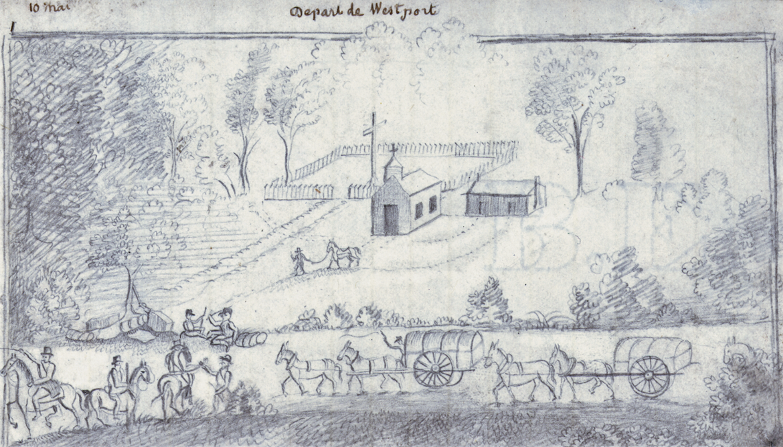 Sketch of the St. Francis Regis Church, rectory, and cemetery by Father Nicolas Point, 1841.