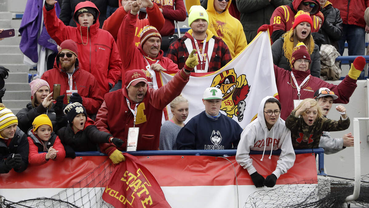 Iowa State fans celebrate after Iowa State beat Memphis in the Liberty Bowl NCAA college football game Saturday, Dec. 30, 2017, in Memphis, Tenn. Iowa State won 21-20. (AP Photo/Mark Humphrey)