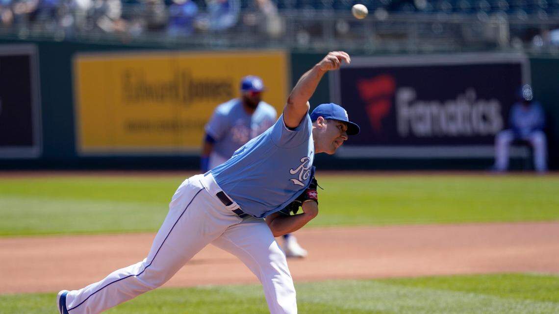 Kansas City Royals starting pitcher Brad Keller delivers to a Los Angeles Angels batter during the first inning of a baseball game at Kauffman Stadium in Kansas City, Mo., Wednesday, April 14, 2021. (AP Photo/Orlin Wagner)
