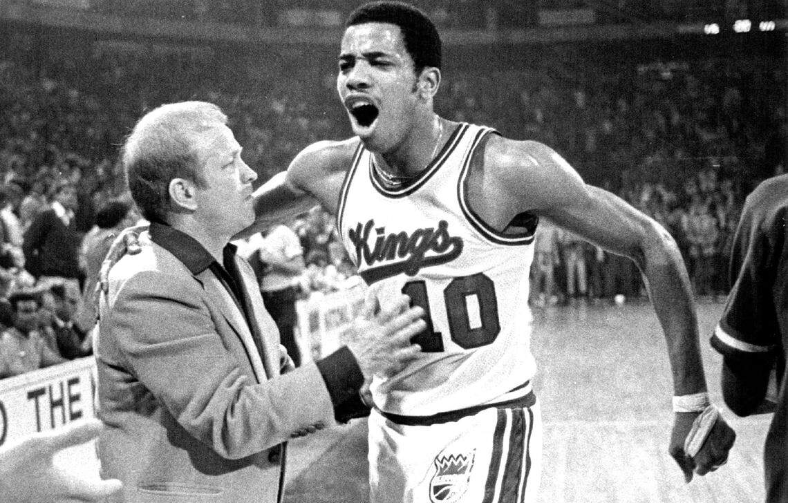Otis Birdsong of the Kings seemed to be telling Coach Cotton Fitzsimmons, "Let the celebration begin!" after making the basket that iced the Kings 115-111 overtime victory over the Los Angeles Lakers on April 5, 1979. The win at Kemper Arena enabled Kansas City to clinch a spot in the NBA playoffs that year.