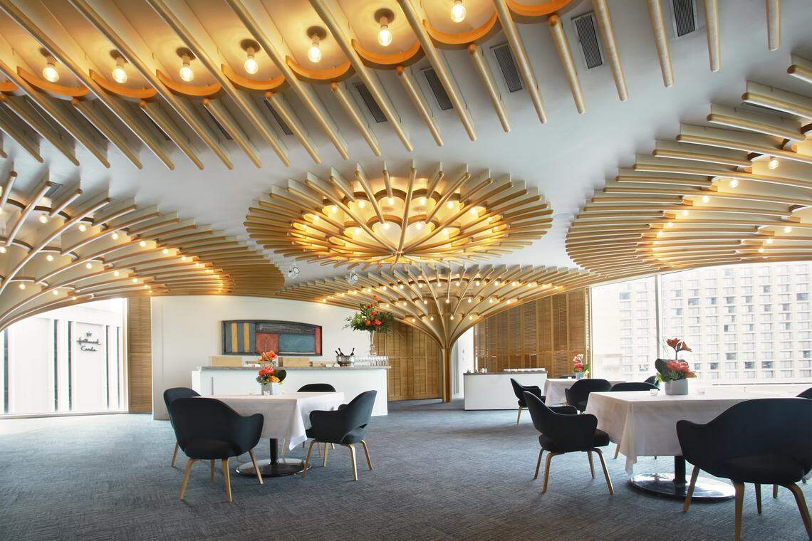 The American Restaurant has been remodeled over the years, but the white oak rosettes on the ceiling remain intact.