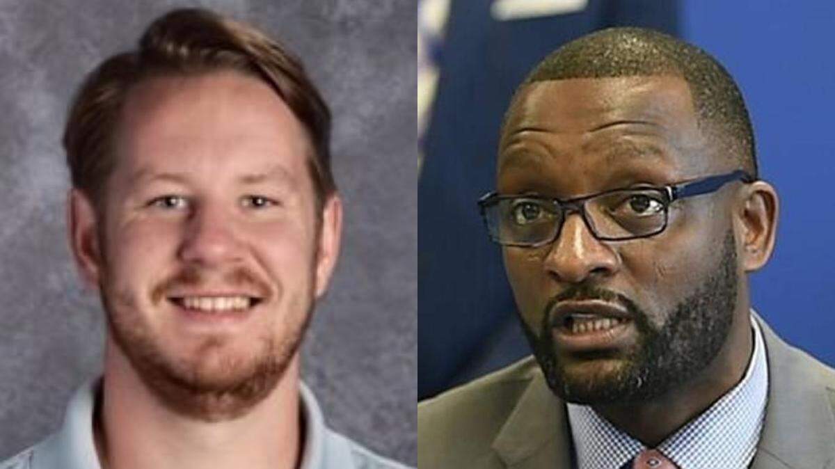 Van Horn coach Max Sollars (left) and Kansas City Superintendent Mark Bedell