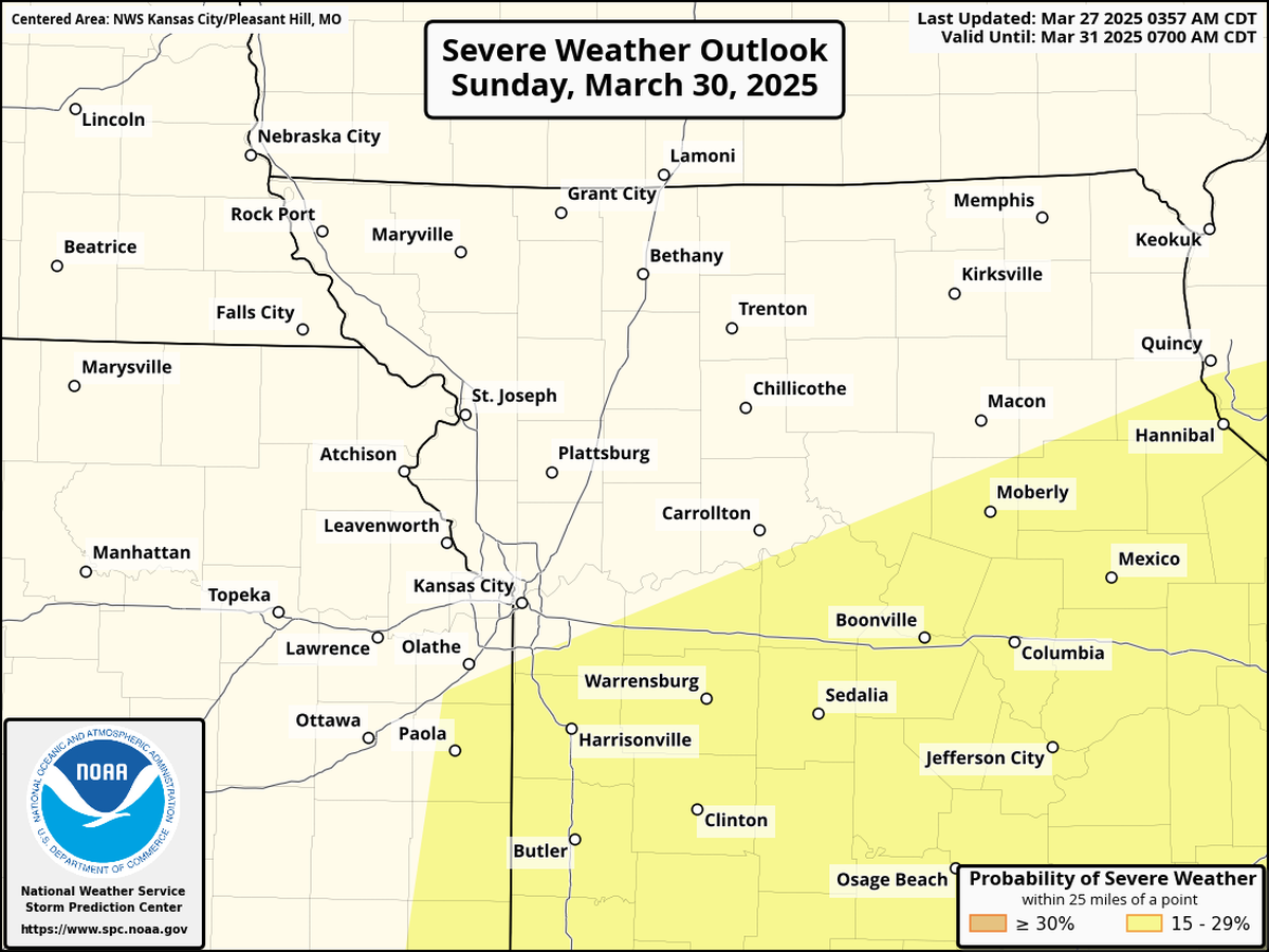 The National Weather Service’s Storm Prediction Center says areas to the south and east of the immediate Kansas City metro area are at a 15-29% risk of severe weather on Sunday.