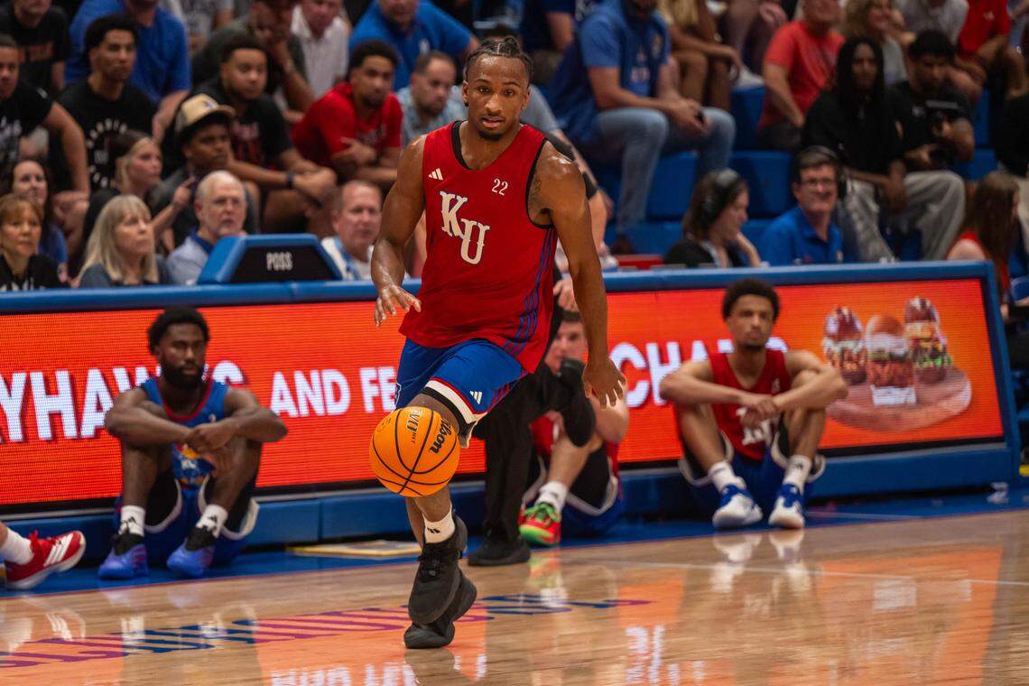 Kansas Jayhawks guard Darryn Peterson dribbles the ball up the court during the men's scrimmage at Late Night in the Phog, on Friday, October 17, 2025, in Lawrence.