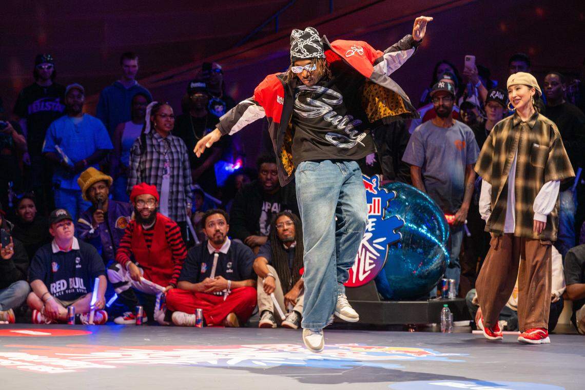 “King Klutch” jumps in the air while facing off against “KC” in the first round of the Red Bull Dance Your Style Midwest Regional Qualifier, on Saturday, April 25, 2026, at the Kauffman Center for the Performing Arts. KC went on to advance to the next round.