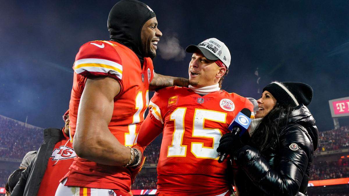 Jan 29, 2023; Kansas City, Missouri, USA; Kansas City Chiefs wide receiver Marquez Valdes-Scantling (11) and quarterback Patrick Mahomes (15) celebrate during an interview with CBS reporter Tracy Wolfson after defeating the Cincinnati Bengals in the AFC Championship game at GEHA Field at Arrowhead Stadium. Mandatory Credit: Jay Biggerstaff-USA TODAY Sports