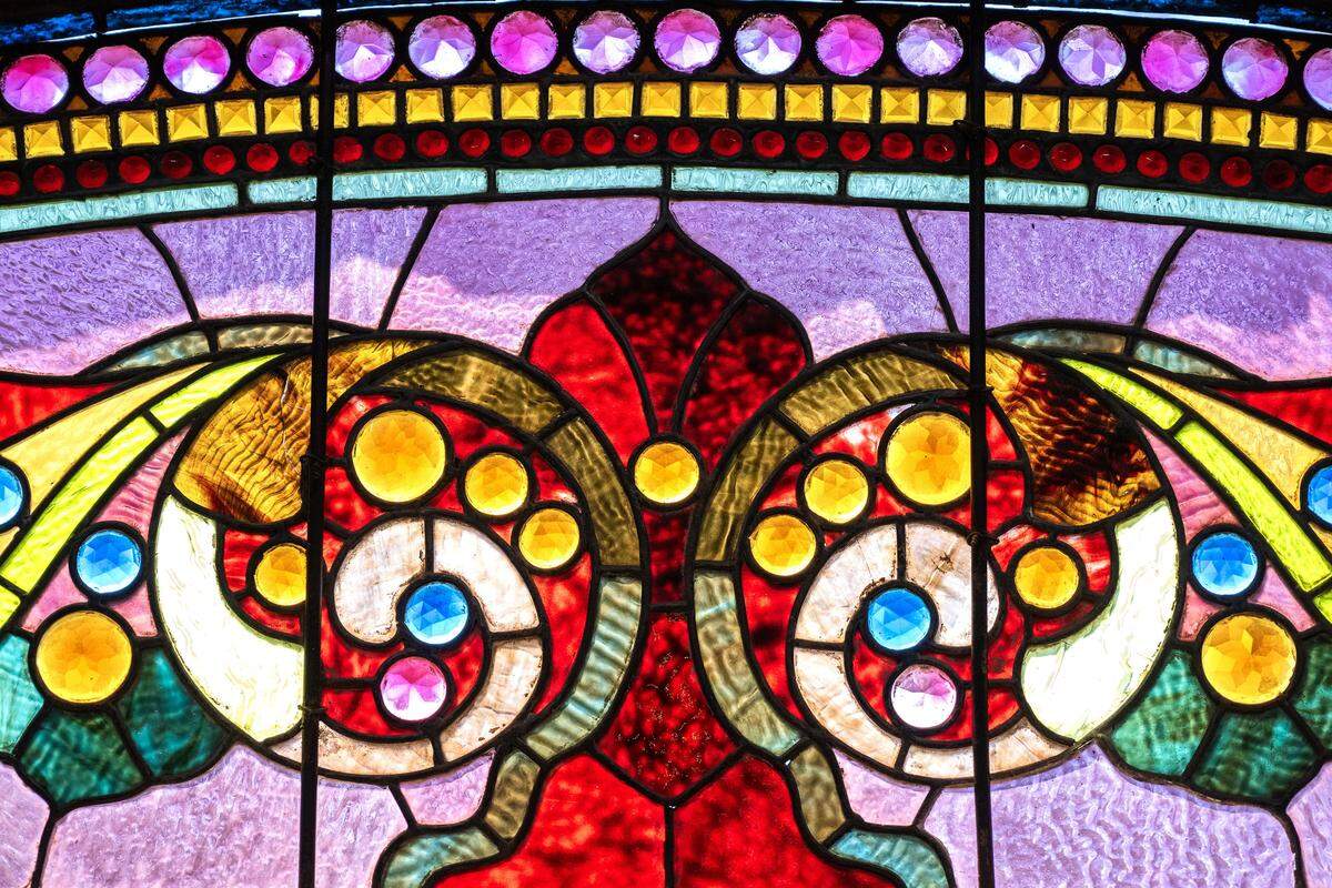 Colorful stained glass details are seen in a window at the Bezanson family home on Wednesday, April 8, 2026, in Kansas City.