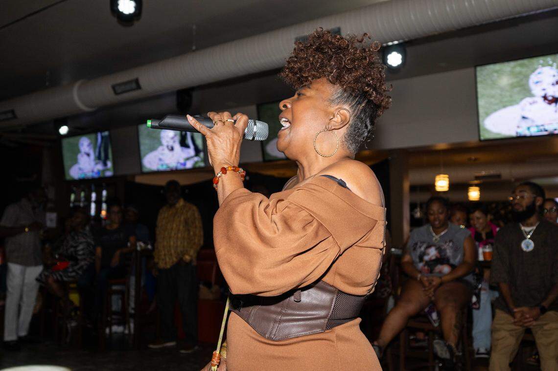 De Barker, the event’s organizer, speaks to the crowd at the preliminaries for The Big StepOff 2025, on Sept. 18, 2025, in Kansas City. Known as the “queen of the KC two-step,” Barker has been stepping since she was a teenager in the early 1970s.