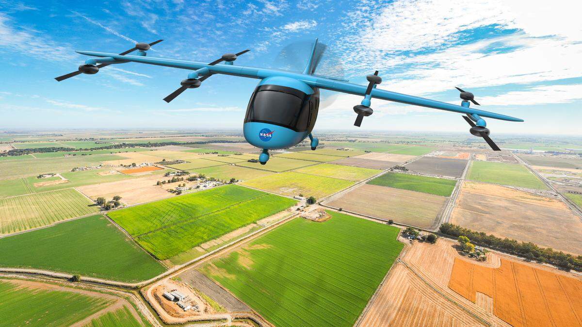 A NASA illustration of a battery-operated aircraft developed with advanced air mobility technology. Researchers say it will likely transform travel within the next decade or two, carrying both cargo and passengers.