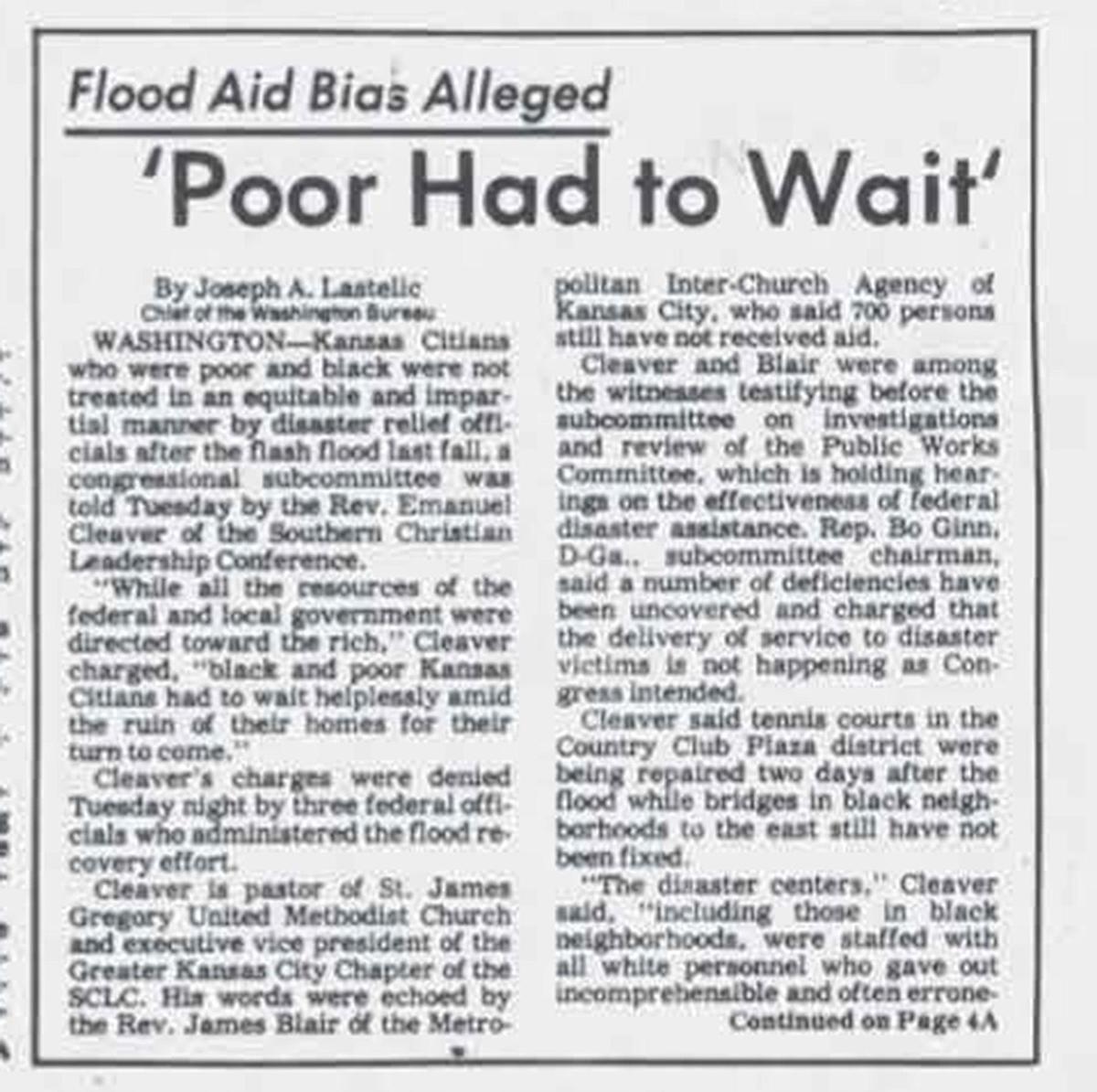 The Times had a front-page story May 17, 1978, on Emanuel Cleaver’s testimony before Congress about how minorities were treated after the flood.