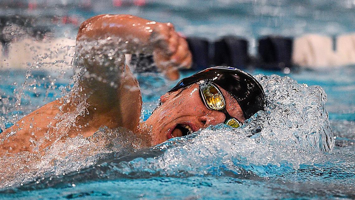 Olathe Northwest junior Andrew Evans competes in the 500-yard freestyle Friday, February 19, 2021, at the 6A Kansas Boys State Swimming and Diving Championships in Lenexa.