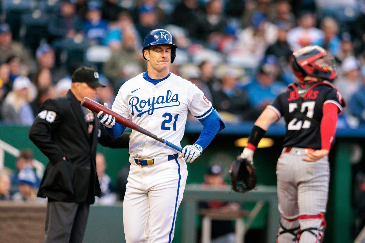 Kansas City Royals INF/OF Mark Canha (21) reacts after a strikeout during the second inning against the Minnesota Twins at Kauffman Stadium on April 8, 2025.