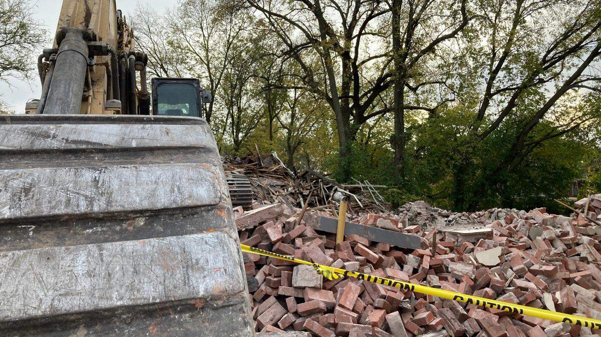 The remains of an old house demolished in the Valentine neighborhood on Oct. 28, 2024. Neighborhood residents are protesting the demolition of buildings owned by Kansas City Life Insurance.