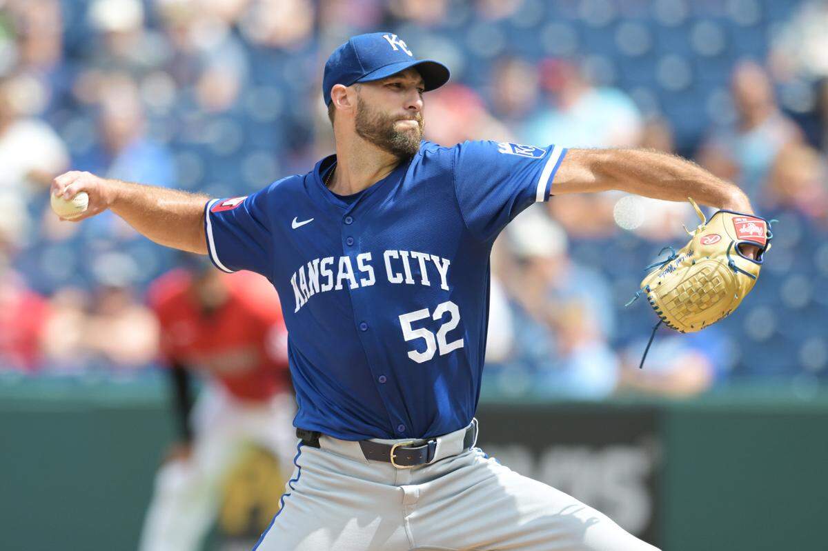 Kansas City Royals starting pitcher Michael Wacha delivers against the Cleveland Guardians at Progressive Field on Wednesday afternoon.