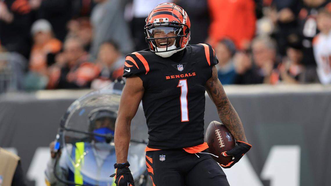 Cincinnati Bengals’ Ja’Marr Chase (1) reacts during the second half of an NFL football game against the Baltimore Ravens, Sunday, Dec. 26, 2021, in Cincinnati. (AP Photo/Aaron Doster)