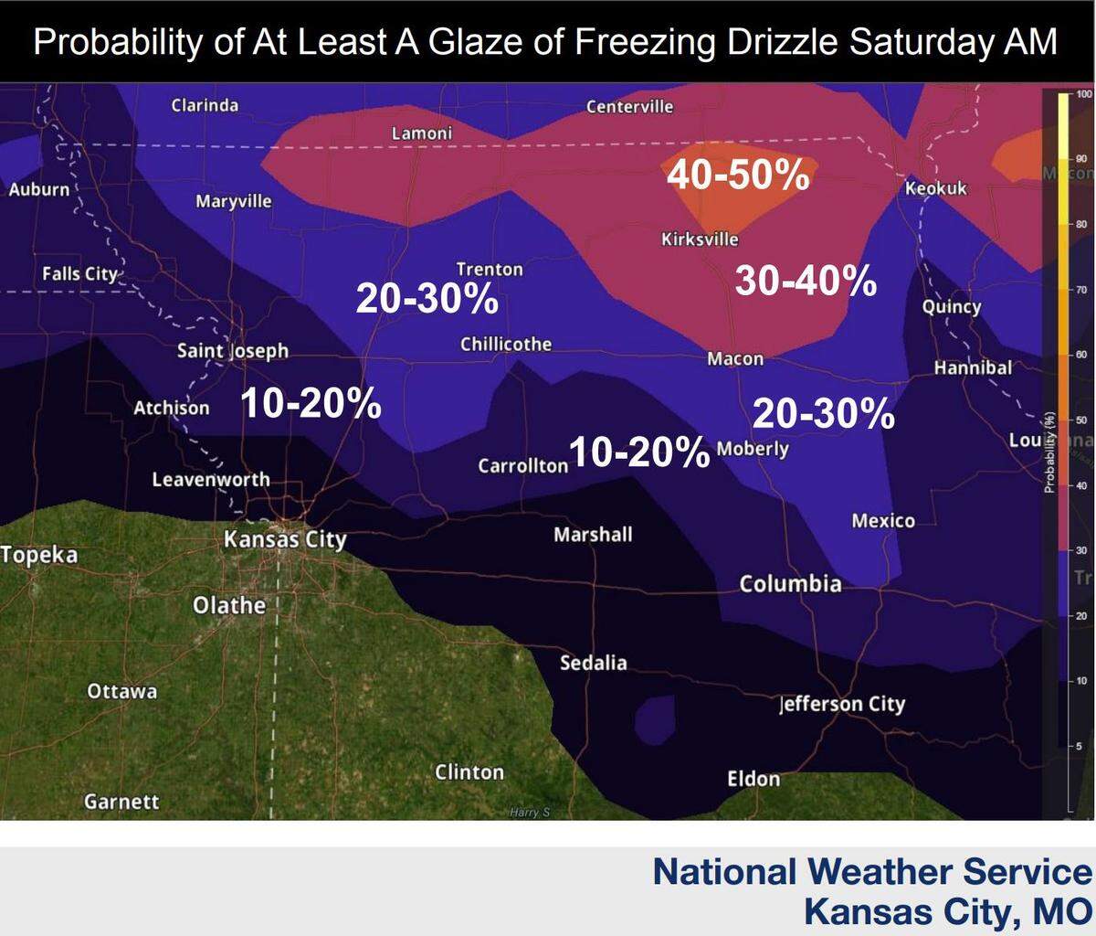 Freezing drizzle will be possible Saturday morning over north-central and northeastern Missouri, according to the National Weather Service. A light glaze of ice is possible. This forecast was prepared Friday morning.