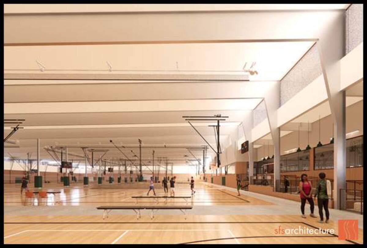 The fieldhouse will have multi-sport courts, featured in this architect’s rendering, and include 10 basketball courts, 14 volleyball courts and court striping for 20 pickleball courts.