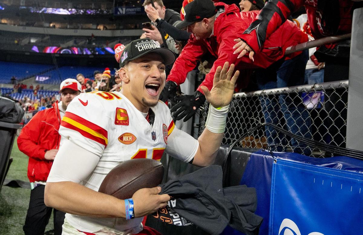 Kansas City Chiefs quarterback Patrick Mahomes (15) celebrates with fans after the Chiefs defeated the Baltimore Ravens 17-10 in the AFC Championship Game on Sunday, Jan. 28, 2024, in Baltimore.
