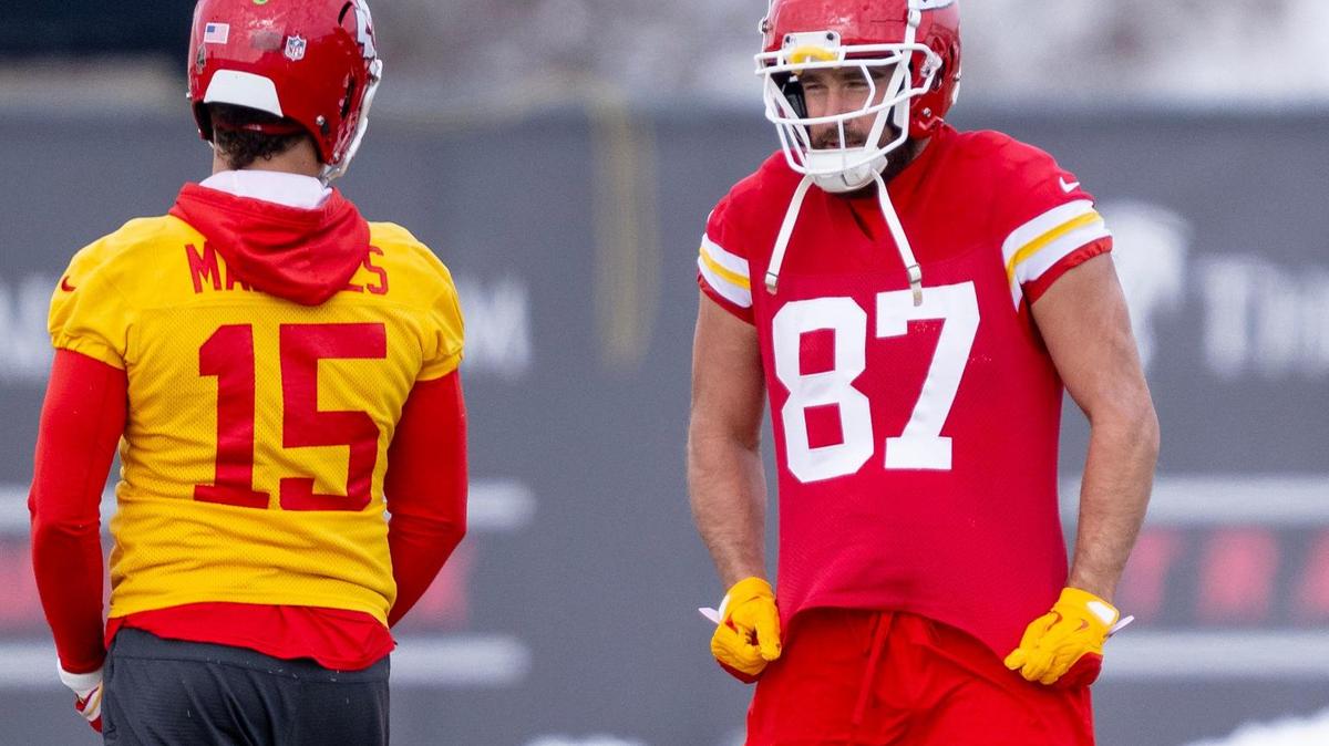 Kansas City Chiefs tight end Travis Kelce (87) talks with quarterback Patrick Mahomes (15) during a team practice on Wednesday, Jan. 10, 2024, in Kansas City.