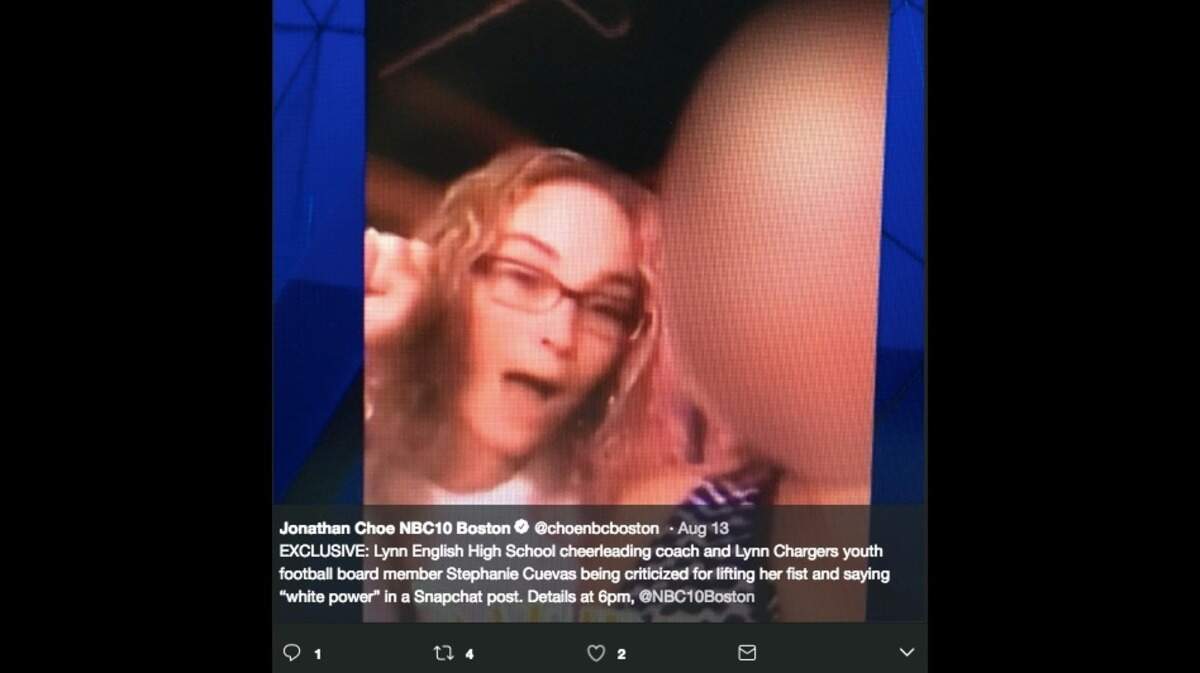 A Lynn, Massachusetts, high school cheerleading coach was seen saying “white power” and raising a fist in a Snapchat video. School officials decided not to invite her back to coach, saying the move is not a comment on her character.