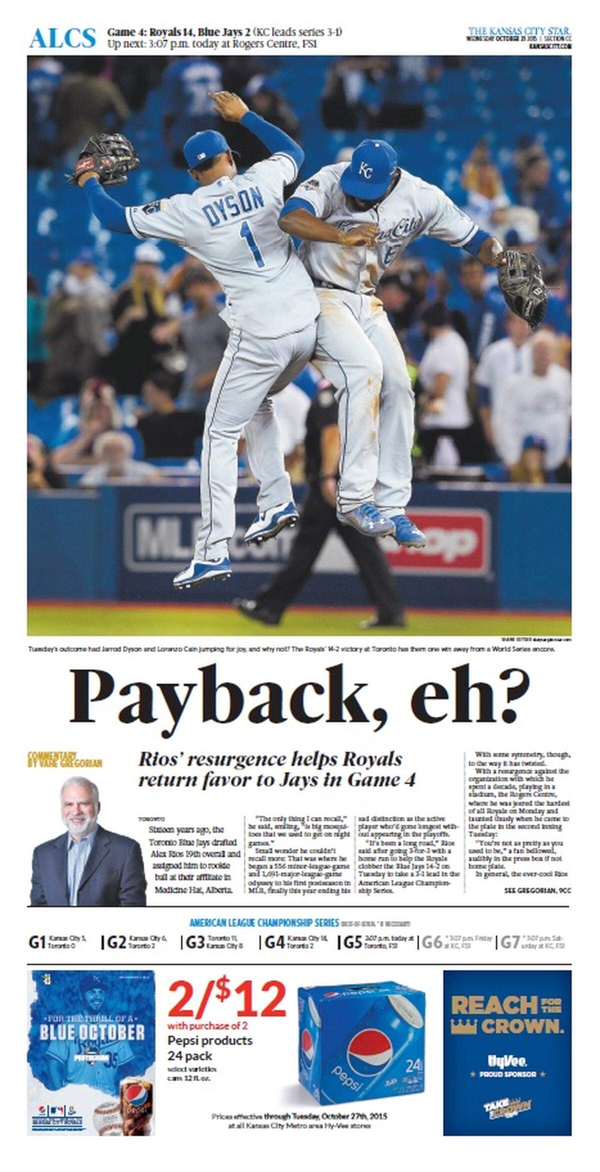 The front page of The Kansas City Star sports section the day after the Royals beat the Blue Jays in Game 4 of the American League Championship Series on Oct. 20, 2015.