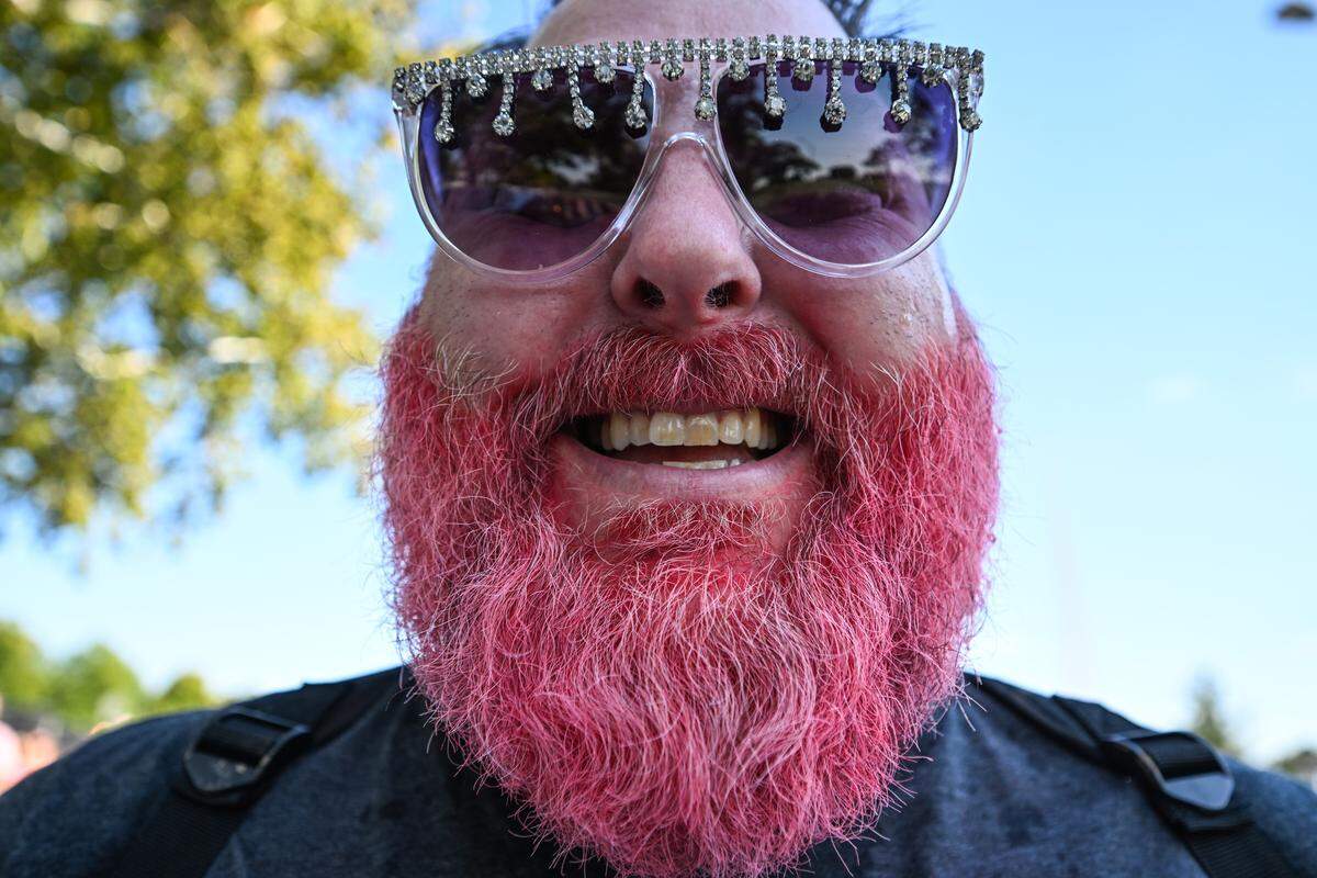 Brian Schmitz showed off his pink beard and rhinestone sunglasses before the Chappell Roan Concert on Friday, Oct. 3, 2025, at the National WWI Museum and Memorial.