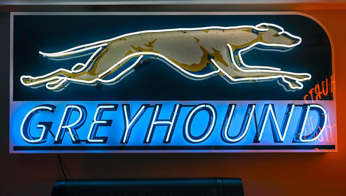 Element Ten restored this 1960s Greyhound neon sign from Kansas City. The restoration was paid for by photographer Nick Vedros and his wife, Patty.