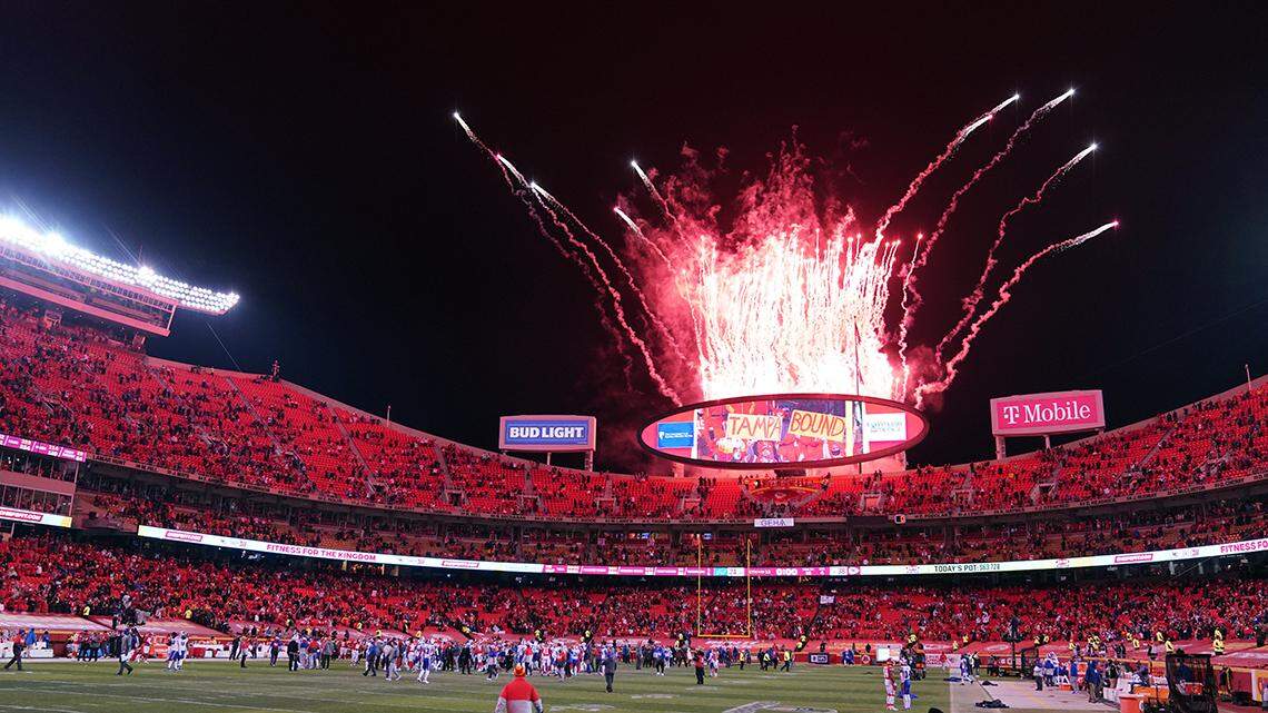 Fireworks go off over Arrowhead Stadium after the AFC championship NFL football game between the Kansas City Chiefs and the Buffalo Bills, Sunday, Jan. 24, 2021, in Kansas City, Missouri.